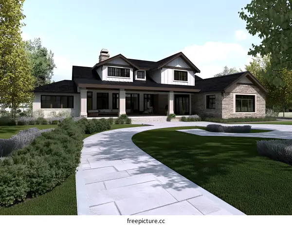 Modern Farmhouse Exterior with Stone and White Siding