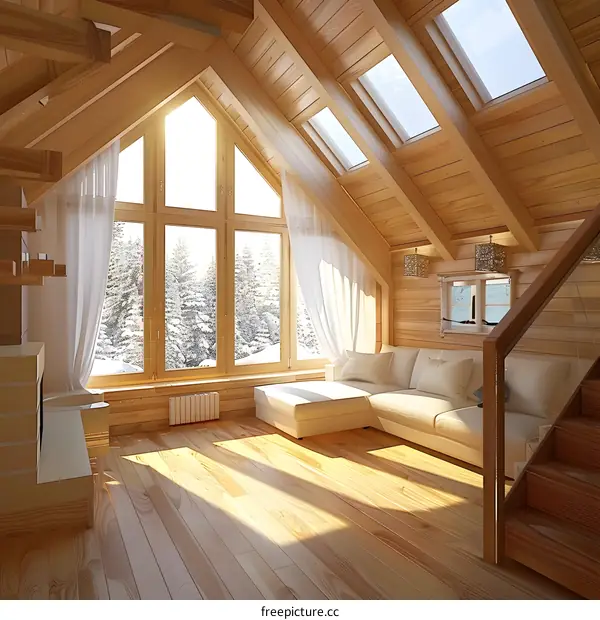 Wooden Cabin Interior Design With Large Windows
