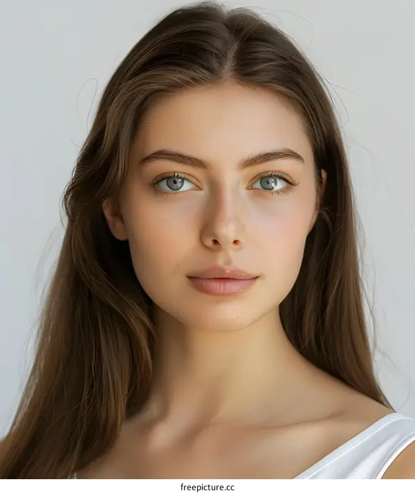 Portrait of Beautiful Woman with Long Brown Hair and Green Eyes