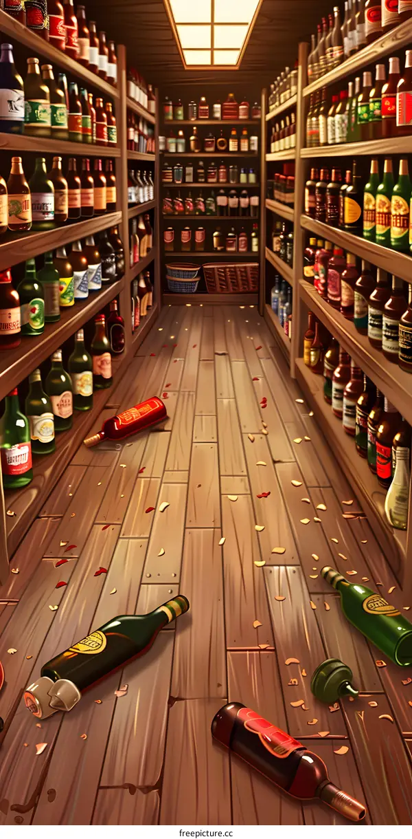 Wine Cellar with Scattered Bottles on the Floor