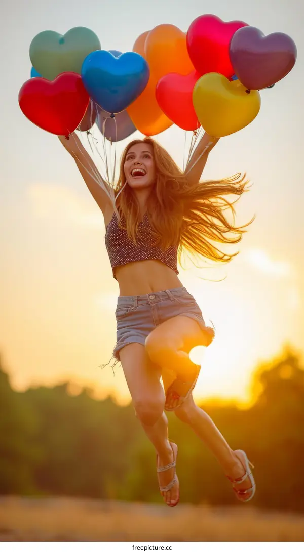 carefree woman jumping with heart shaped balloons at sunset