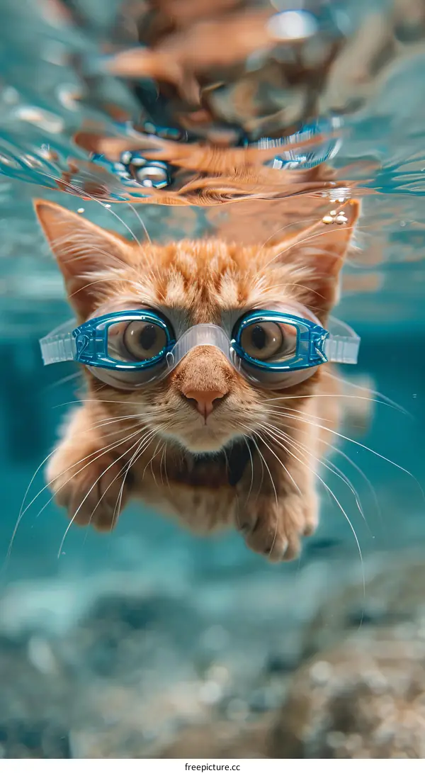 Orange Cat Wearing Goggles While Swimming Underwater