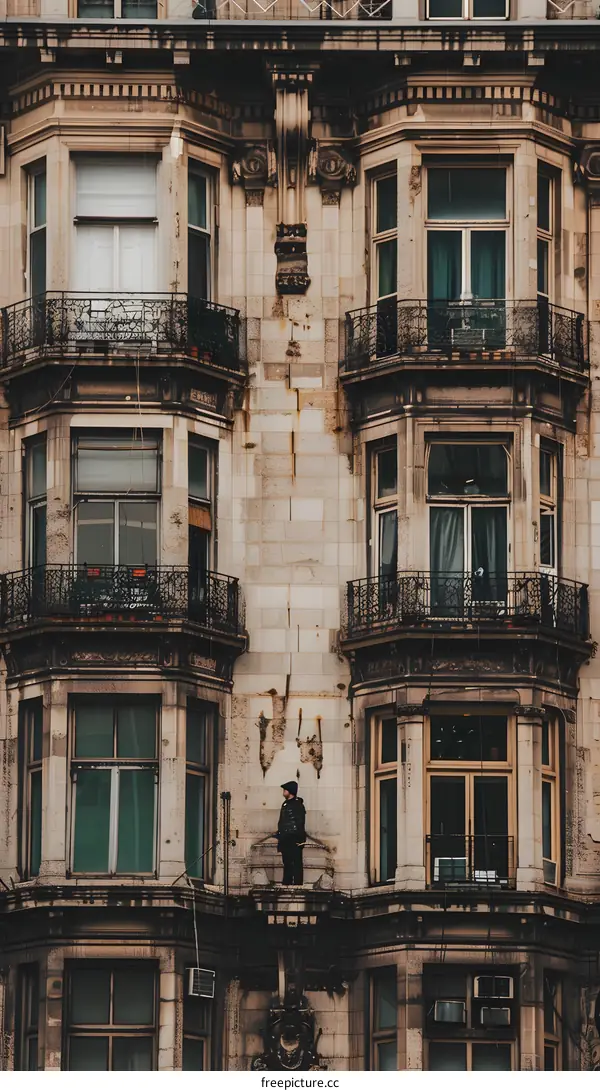 Man Standing on Balcony of Historic Building