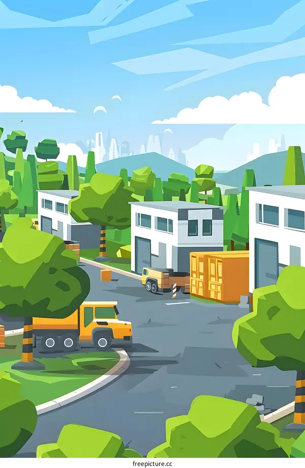 Flat Illustration of Industrial Buildings and Trucks