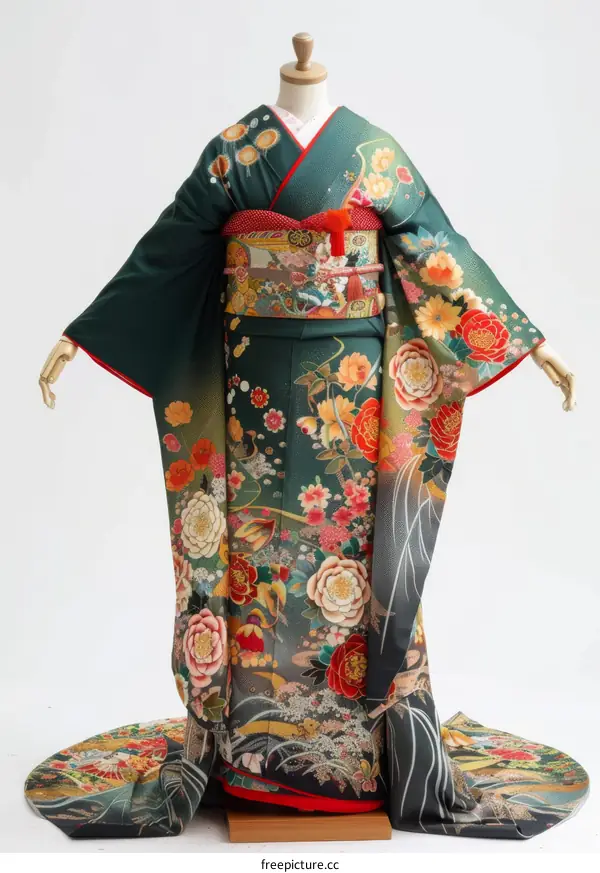 A woman wearing a green kimono with red and yellow flowers.