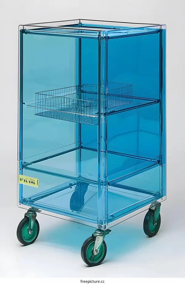 Transparent Blue Acrylic Cart with Wheels and Shelves