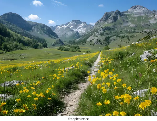Pathway through a lush green valley with yellow flowers and snow-capped mountains in the distance