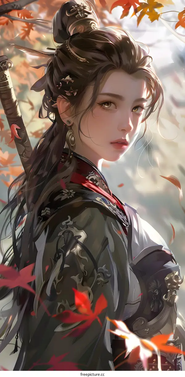 Anime Girl with Sword in Autumn Leaves