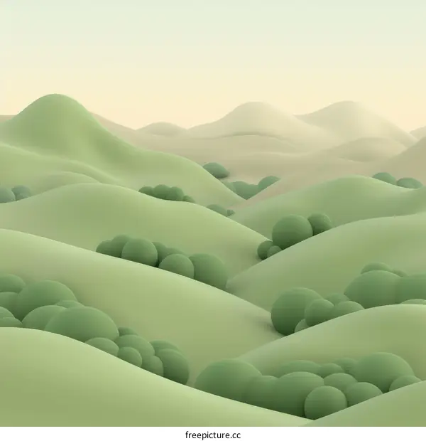 Green hills landscape with bushes in a foggy weather