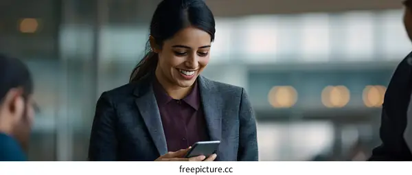 Smiling Businesswoman Using Smartphone in Modern Office