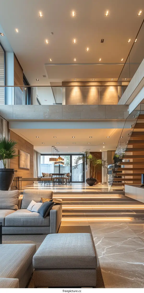 Modern House Interior with Glass Walls, Vaulted Ceilings & Light Hardwood Floors