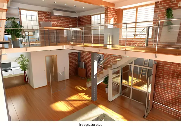 Modern Loft Apartment Interior Design with Glass Railing and Brick Wall