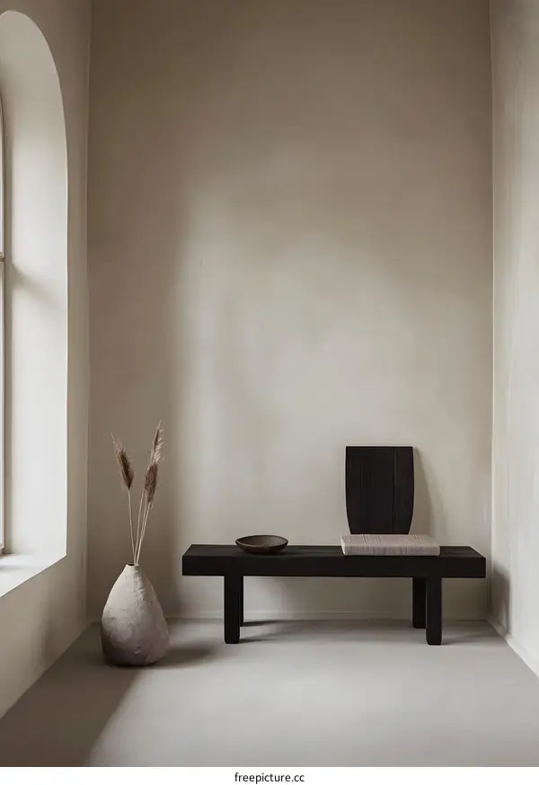 Minimalist Room Interior Design with Wooden Bench and Vase
