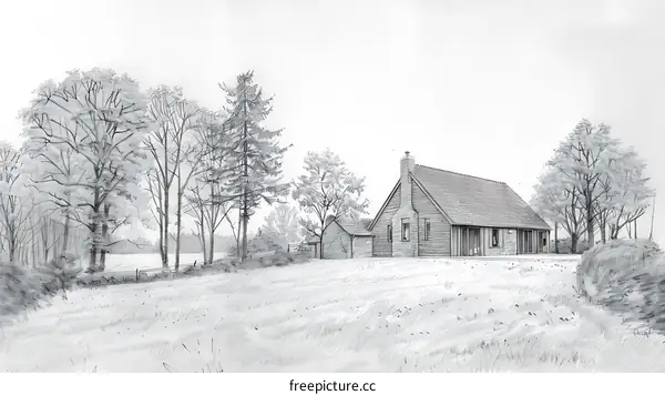 Pencil Sketch of a Country Cottage with Trees