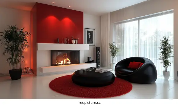 Modern Living Room Interior Design with Red Accent Wall