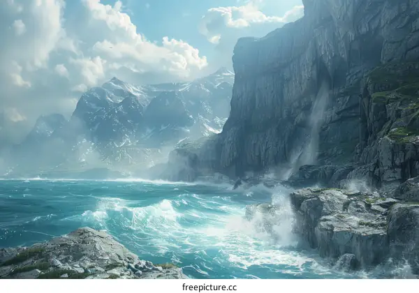 Huge sea waves crashing against rocky cliffs