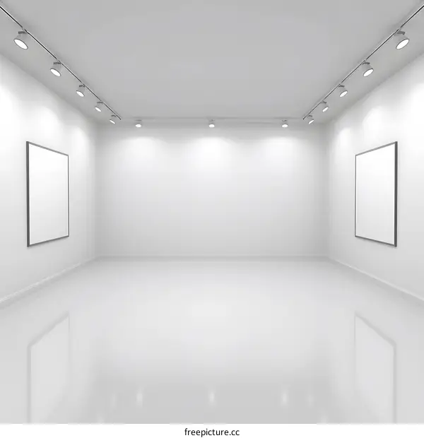 Empty White Gallery Room with Spotlights and Two Blank Frames