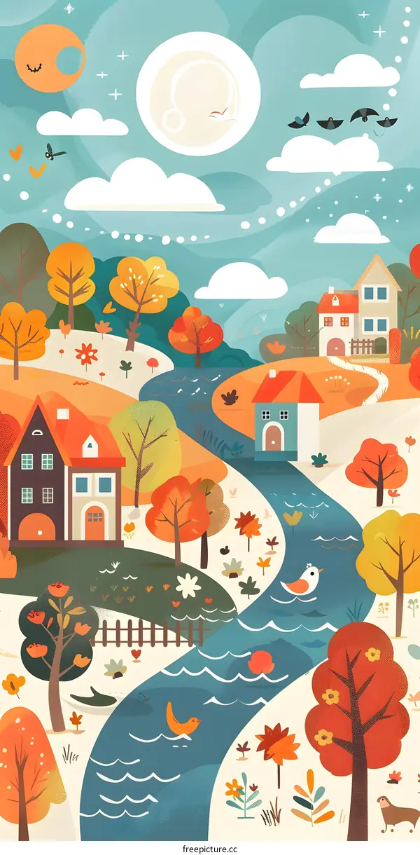 Autumn Village Illustration with River and Houses