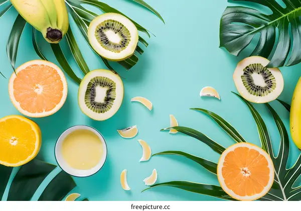 Tropical Fruit Flat Lay with Green Leaves on a Blue Background