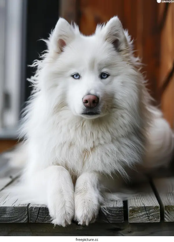 White Husky Dog with Blue Eyes Sitting on Wooden Floor