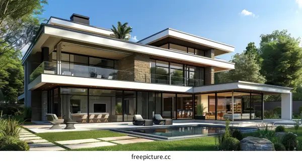 Modern House with Swimming Pool and Lush Greenery