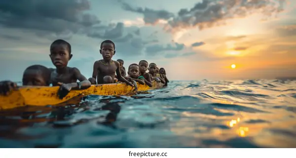 African children sitting on a boat in the middle of a lake at sunset