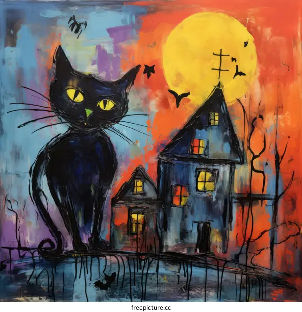 Black cat on a fence with haunted house in the background