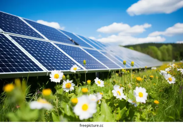Field of solar panels with white flowers in the foreground