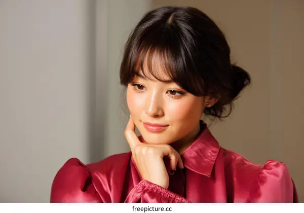 Asian Woman in a Stylish Red Blouse Portrait