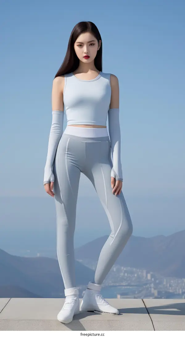 Korean model Lee Hyun Yi poses in a blue sports outfit