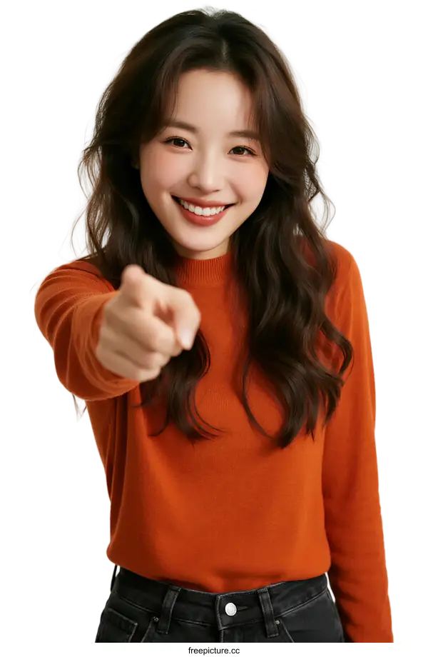 [Transparent Background PNG]A woman with long wavy hair pointing forward wearing an orange top
