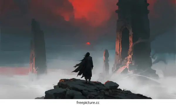 A lone figure stands on rocky terrain amid ancient ruins under a crimson sky