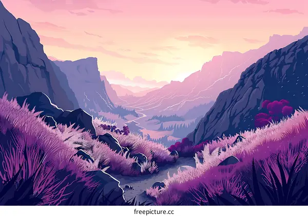 Purple Mountain Valley Landscape Illustration