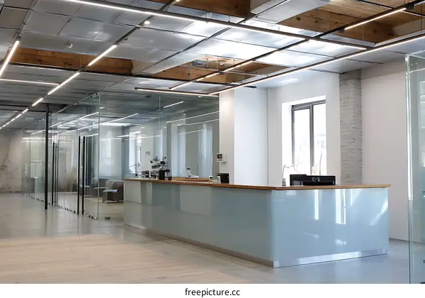 Modern Office Reception Area with Glass Partitions