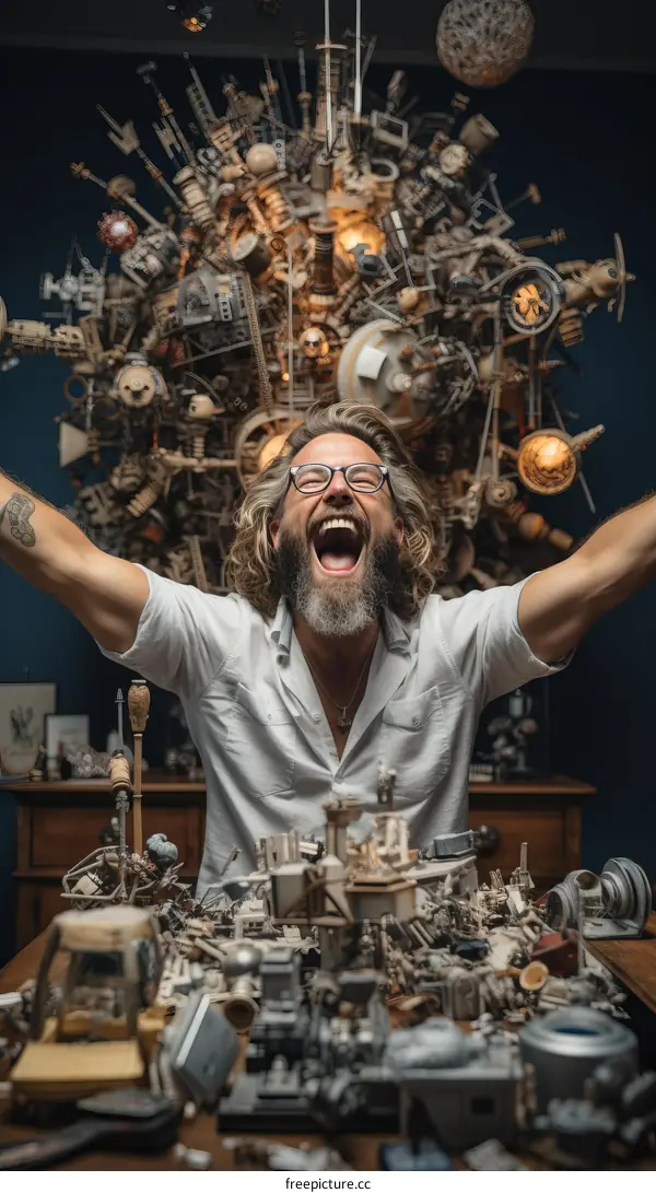 Ecstatic man surrounded by a whimsical collection of steampunk gadgets and gizmos