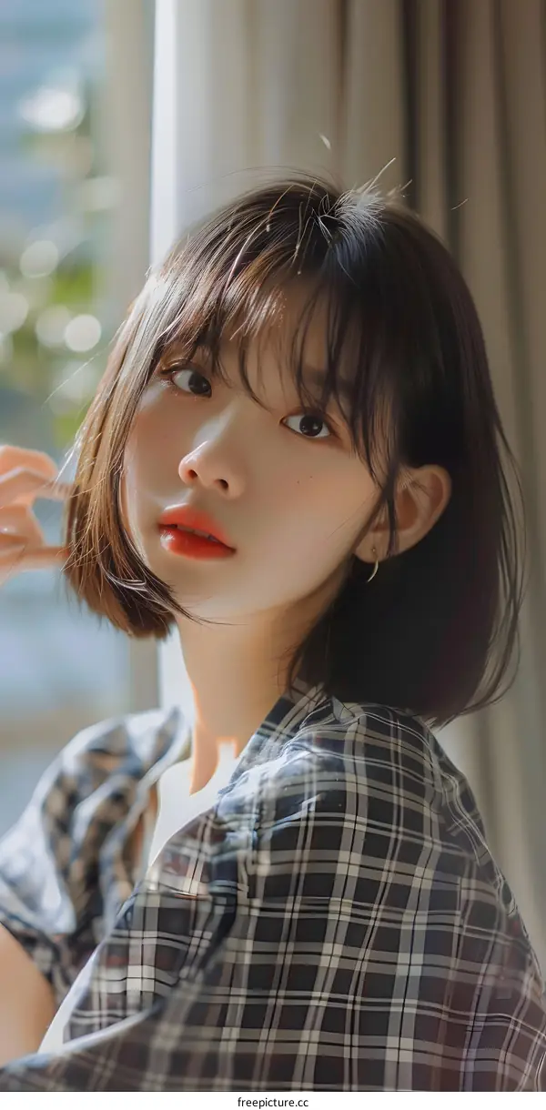 Young Asian Woman with Short Hair in Plaid Shirt Posing by Window