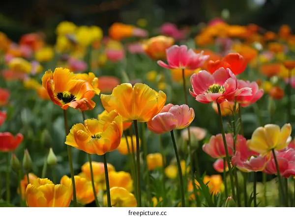 Close Up View of Brightly Colored Tulips in a Field