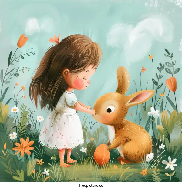 Little girl with a rabbit in a meadow