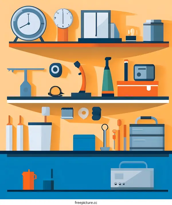 Flat Design Illustration of Shelf with Tools and Equipment