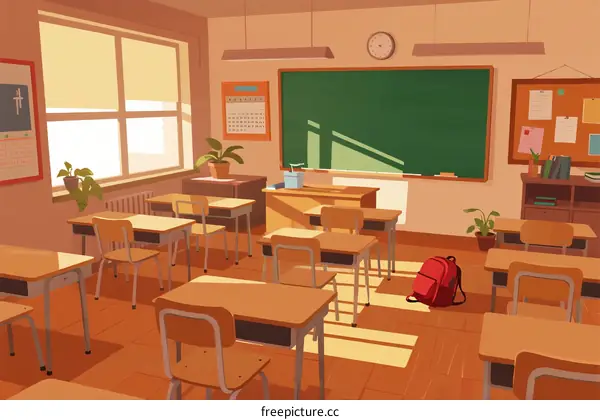 Empty Classroom with Desks Chairs and Green Blackboard