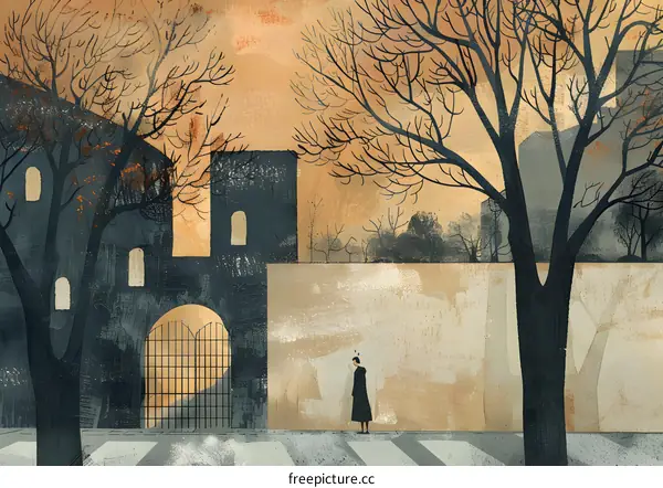 Lonely Figure Standing Before a Wall With Gate in Cityscape Illustration