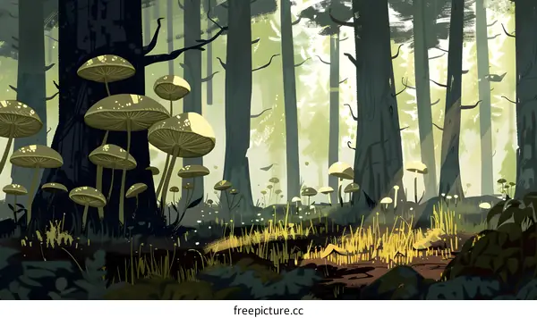 Forest Illustration with Mushrooms and Sunlight