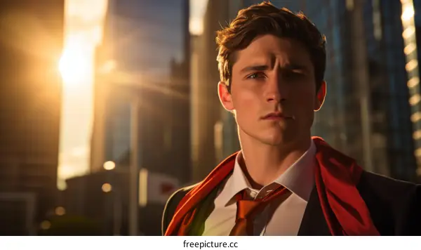 A young professional man wearing a suit and tie with a red scarf standing in front of an urban cityscape during the day