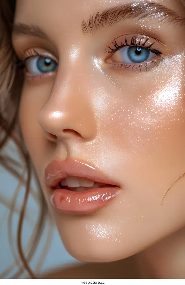 Close-up portrait of a beautiful woman with blue eyes and glitter on her face