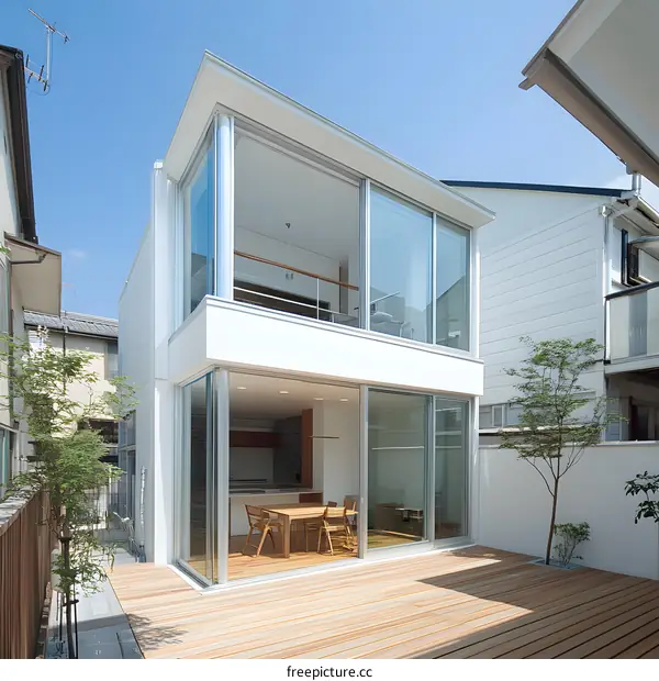 Modern Minimalist White House with Sliding Glass Doors and Wooden Deck Patio
