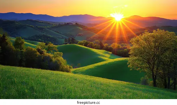 Sunrise over rolling hills and fields