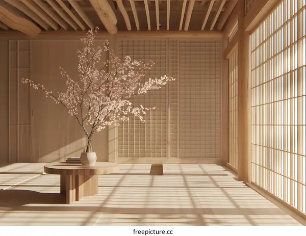 Minimalist Japanese Style Interior Design with Cherry Blossom Tree