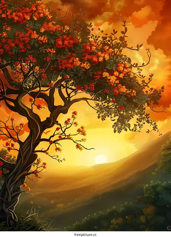 Sunset Landscape with a Blooming Tree