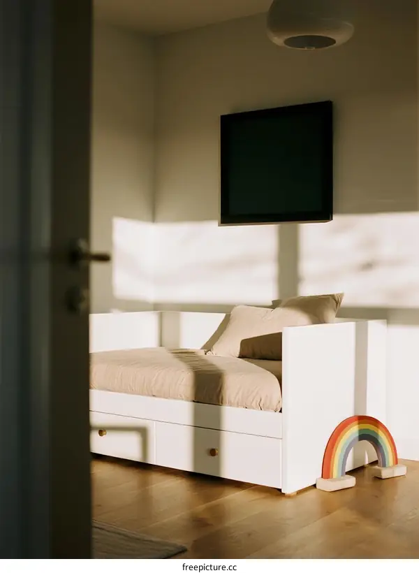 Sunlit Child's Bedroom with White Bed and Rainbow Decoration