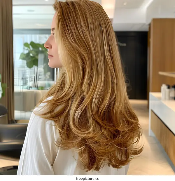 Side view of a woman with long blonde hair